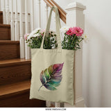 Watercolor Feather Tote Bag, Colorful Leaves Design Bag, Nature Inspired Tote, Stylish Everyday Bag, Unique Design Tote - Tawshia