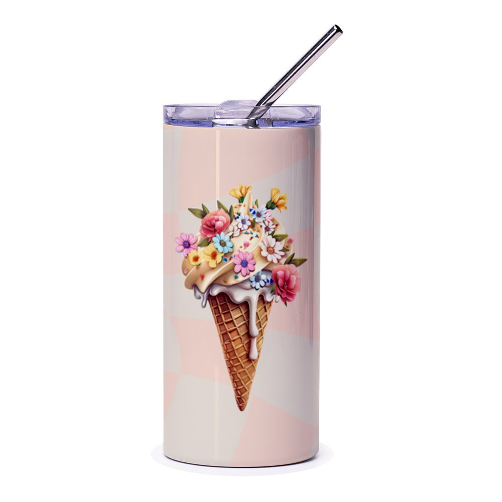 Floral Ice Cream Cone Tumbler, Cute Tumbler, Pretty Tumbler, Summer Tumbler, Gift Idea, Tumbler with Straw, Everyday Tumbler - Tawshia