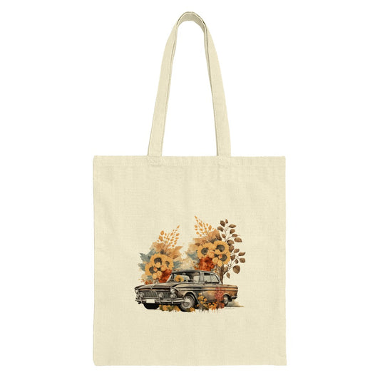 Vintage Car and Sunflower Tote Bag, Floral Classic Automobile Canvas Shopper, Stylish Reusable Grocery Bag, Car Lover Gift - Tawshia