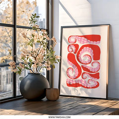 Red Octopus Tentacles Wall Art, Quirky Sea Creature Print, Nautical Theme Decor, Unique Ocean Artwork, Modern Tentacle Illustration - Tawshia
