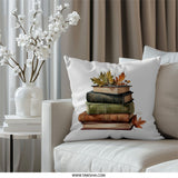 Stacked Books Pillow, Autumn Leaves Pillow, Fall Decor Pillow, Reading Nook Decor, Cozy Autumn Pillow, Literary Gift Idea - Tawshia