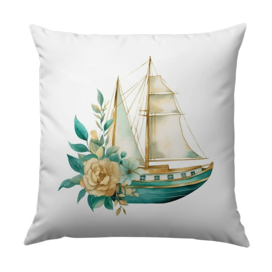 Floral Sailboat Pillow, Nautical Decor, Watercolor Ship Cushion, Coastal Throw Pillow, Decorative Pillows, Beach House Accent - Tawshia
