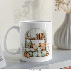 Book Nook Mug, Cozy Reading Spot, Fall Inspired Mug, Book Lover Gift, Autumn Decor Mug, Pumpkin Spice Season, Window Seat Mug - Tawshia
