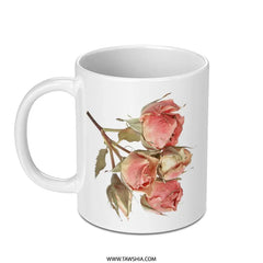 Floral Mug, Rose Buds, Botanical Print, Unique Coffee Mug, Flower Mug, Tea Mug, Gift for Her, Nature Lover Gift, Vintage Style Mug - Tawshia