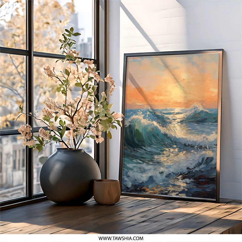 Ocean Waves Wall Art, Sunrise Seascape Painting, Coastal Decor Print, Impressionist Style Artwork, Home Decor - Tawshia