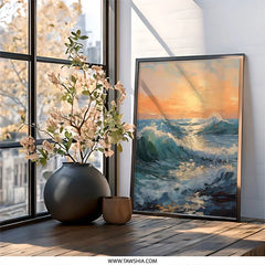 Ocean Waves Wall Art, Sunrise Seascape Painting, Coastal Decor Print, Impressionist Style Artwork, Home Decor - Tawshia