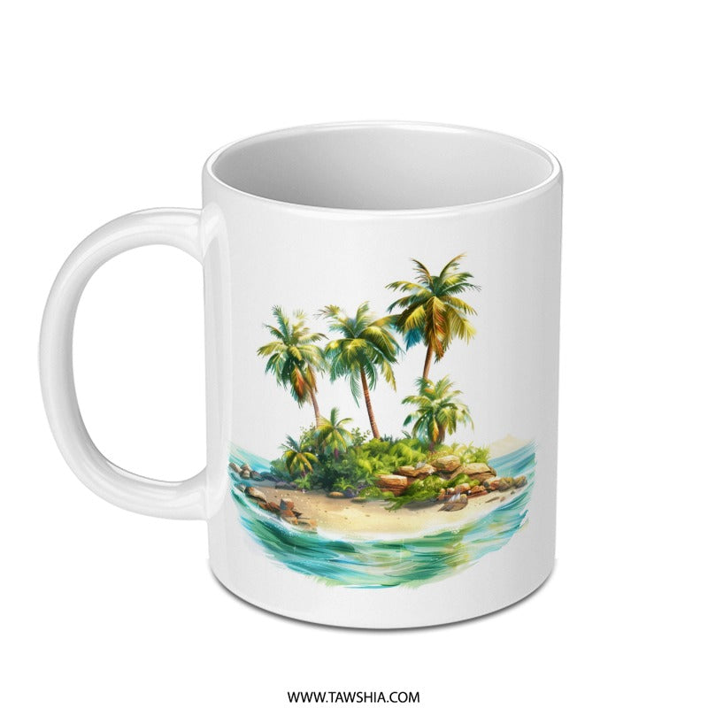 Tropical Island Mug, Beach Getaway Coffee Mug, Palm Tree Ocean Scene, Vacation Vibes, Summer Holiday Gift, Gift for Her, Gift for Him - Tawshia
