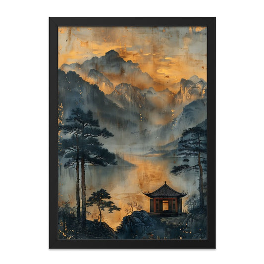 Asian Landscape Wall Art, Mountain Lake Painting, Pagoda Print, Oriental Home Decor, Serene Wall Hanging, Peaceful Art Print - Tawshia