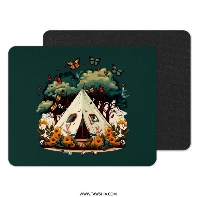 Camping Tent Mouse Pad, Butterfly Mousepad, Nature Lover Gift, Forest Adventure, Unique Desk Decor, Office Accessory, Computer Mat - Tawshia
