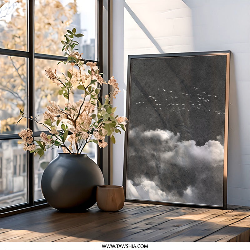 Birds Flying Wall Art, Cloudy Sky Print, Black and White Photo, Nature Wall Decor, Minimalist Wall Hanging - Tawshia