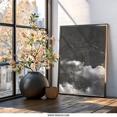 Birds Flying Wall Art, Cloudy Sky Print, Black and White Photo, Nature Wall Decor, Minimalist Wall Hanging - Tawshia