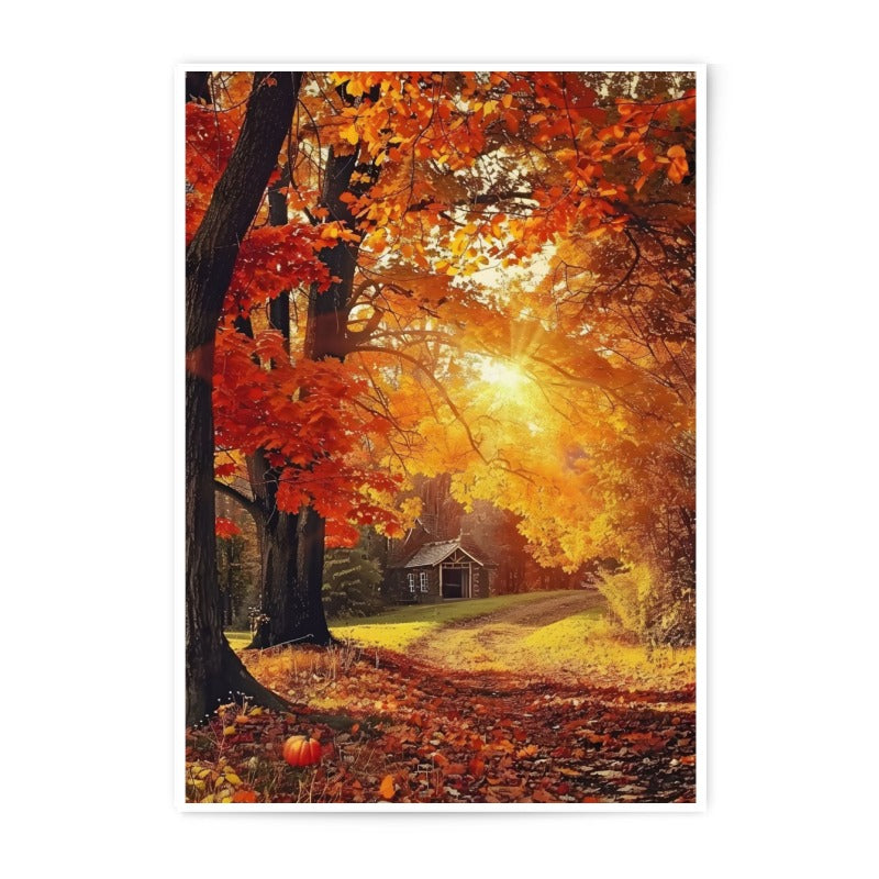 Autumn Cabin Photographic Print, Fall Foliage Art, Cozy Cabin Scene, Sunlit Forest, Seasonal Wall Decor - Tawshia