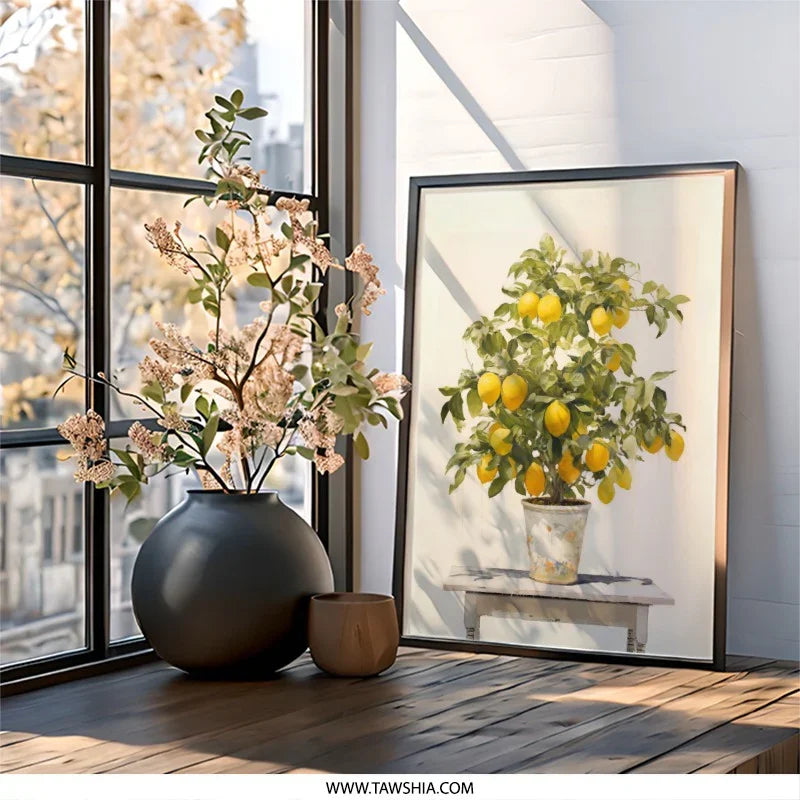 Lemon Tree Wall Art, Citrus Fruit Print, Botanical Illustration, Kitchen Decor, Modern Farmhouse Art, Vibrant Home Decor, Potted Plant - Tawshia