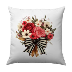 Floral Bouquet Pillow, Roses and Daisies, Striped Bow Decor, Flower Arrangement Throw Pillow, Home Decor Gift, Accent Pillow - Tawshia
