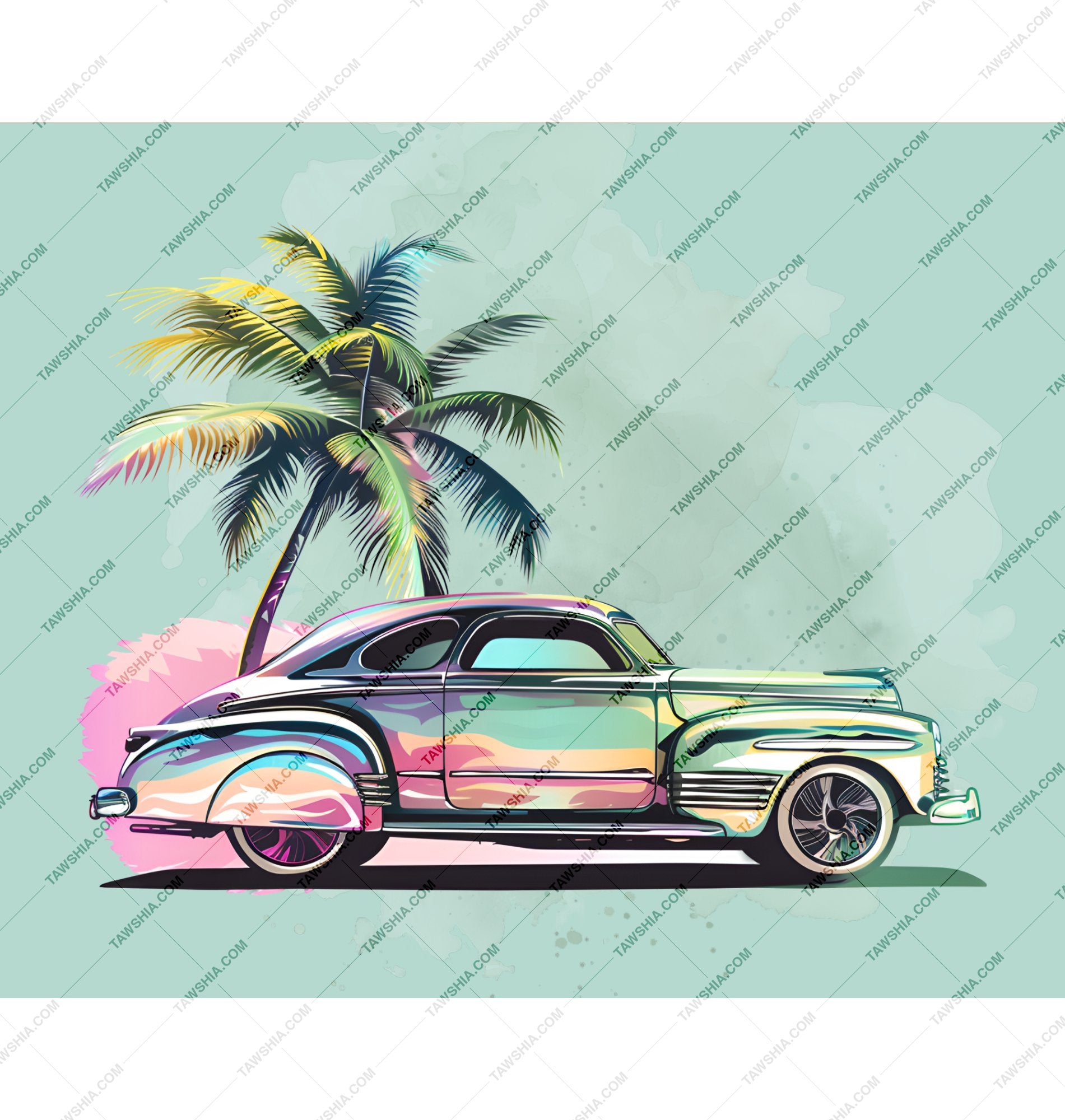 Vintage Car and Palm Tree Scene Art Print product type