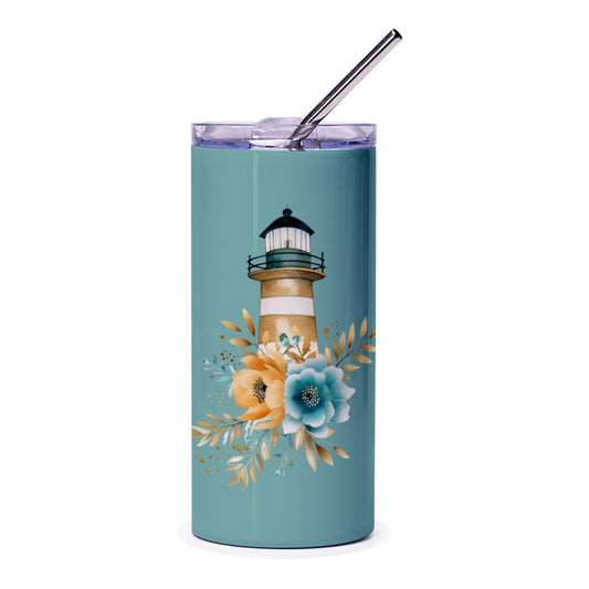 Floral Lighthouse Tumbler, Coastal Tumbler, Beach Tumbler, Ocean Lover Gift, Nautical Gift, Lighthouse Art, Travel Tumbler, Unique Tumblers - Tawshia