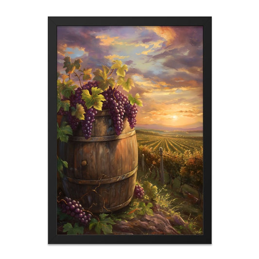 Vineyard Sunset Wall Art, Wine Country Decor, Grapes and Barrel Painting, Tuscany Landscape Print, Rustic Kitchen Wall Decor, Italian Art - Tawshia