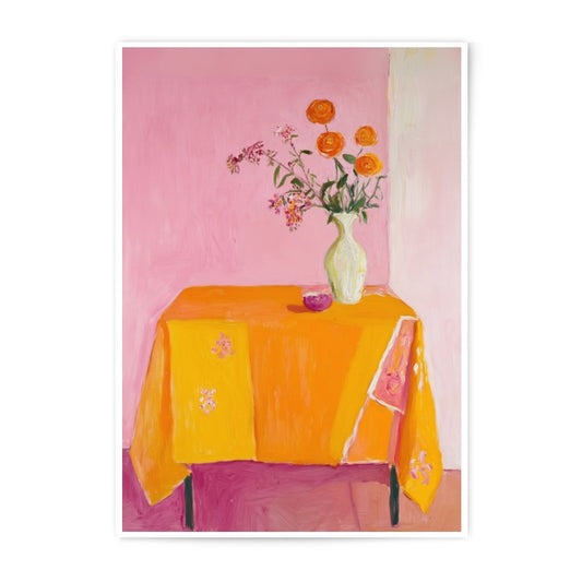 Still Life Photographic Print, Orange Tablecloth Art, Pink Wall Decor, Floral Arrangement, Home Decor Art Print - Tawshia