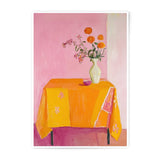 Still Life Photographic Print, Orange Tablecloth Art, Pink Wall Decor, Floral Arrangement, Home Decor Art Print - Tawshia