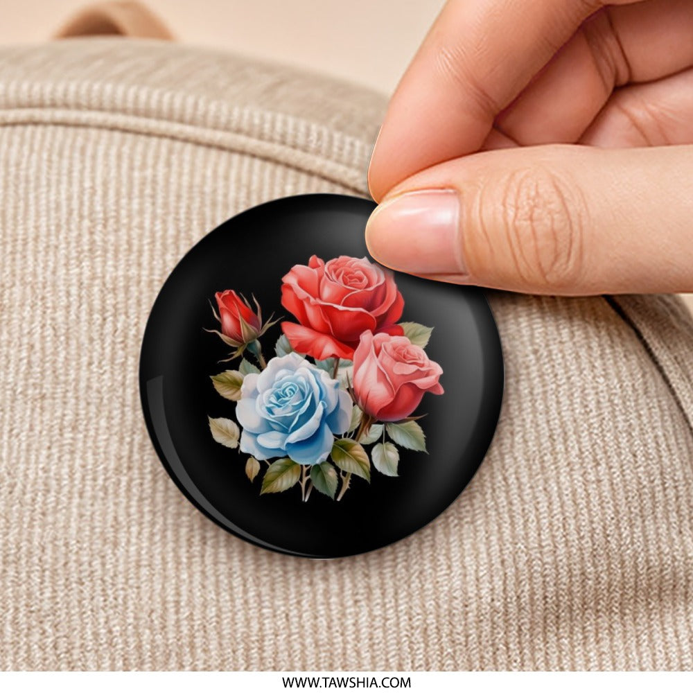 Floral Pinback Button, Rose Flower Button, Colorful Roses, Elegant Floral Art, Rose Lover Gift, Black Pin Button, Flower Pinback Buttons - Tawshia