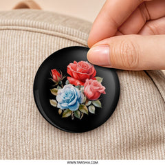 Floral Pinback Button, Rose Flower Button, Colorful Roses, Elegant Floral Art, Rose Lover Gift, Black Pin Button, Flower Pinback Buttons - Tawshia