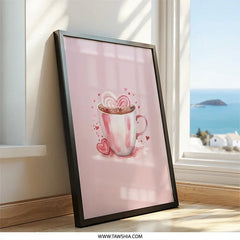Hot Chocolate Heart Wall Art, Watercolor Mug Print, Valentine's Day Decor, Cute Pink Gift, Cozy Drink Painting, Kitchen Art Print - Tawshia