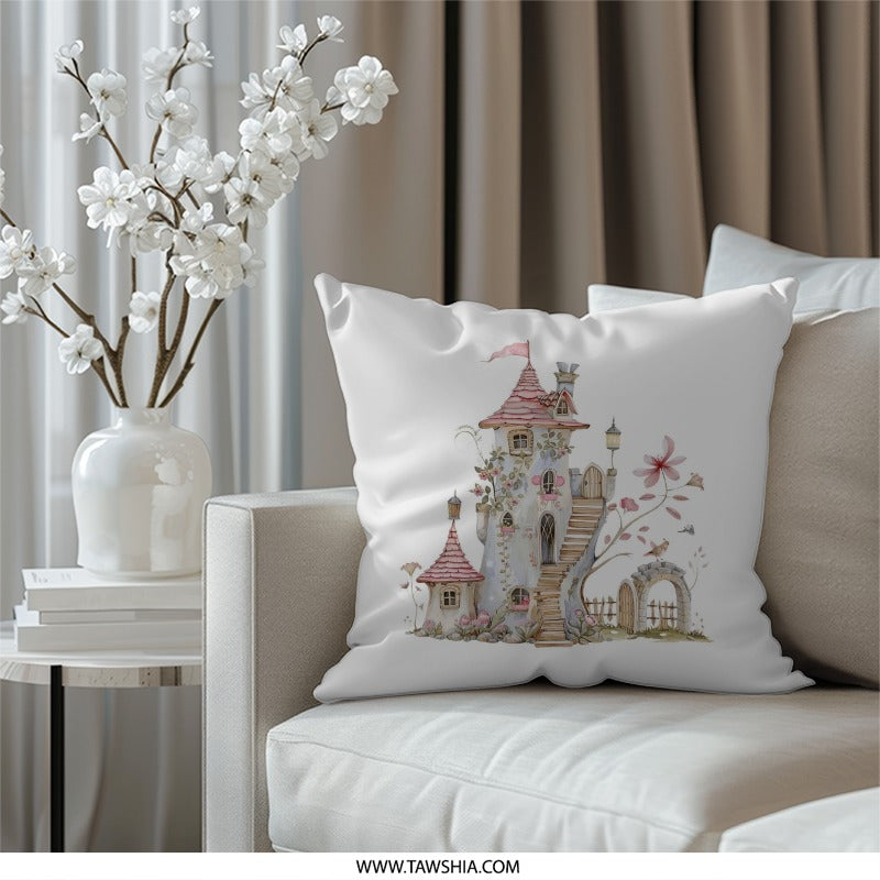 Fairy Tale Castle Pillow, Whimsical Home Decor, Fantasy Art Throw Pillow, Unique Gift Idea, Cute Kids Pillow, Housewarming Gift - Tawshia