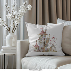 Fairy Tale Castle Pillow, Whimsical Home Decor, Fantasy Art Throw Pillow, Unique Gift Idea, Cute Kids Pillow, Housewarming Gift - Tawshia