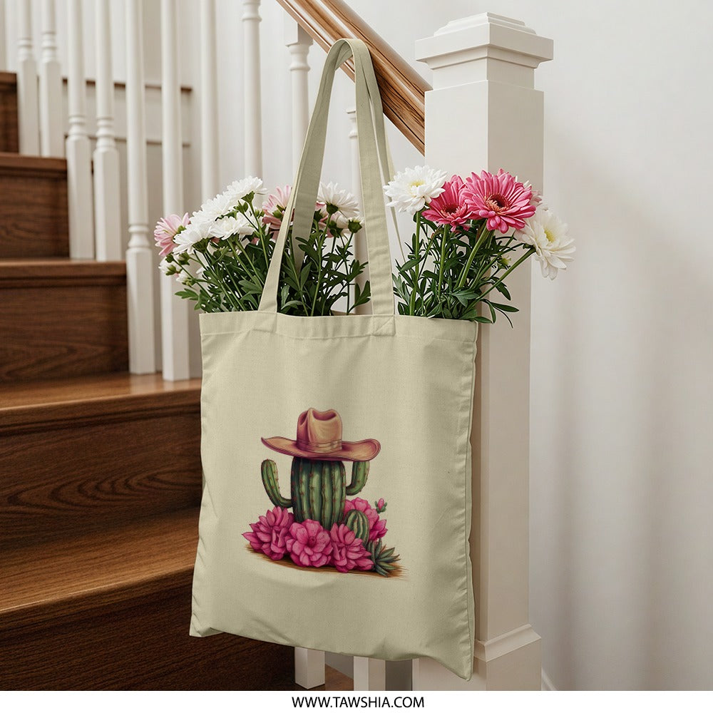 Cactus Tote Bag, Cowboy Hat Cactus, Western Tote Bag, Floral Cactus Tote, Unique Tote Bag, Gift for Cactus Lover,Trendy Tote Bag - Tawshia