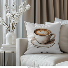 Coffee Lover Pillow, Latte Art Throw Pillow, Watercolor Coffee Cup Accent Pillow, Modern Home Decor Cushion, Coffee Themed Gift Idea - Tawshia