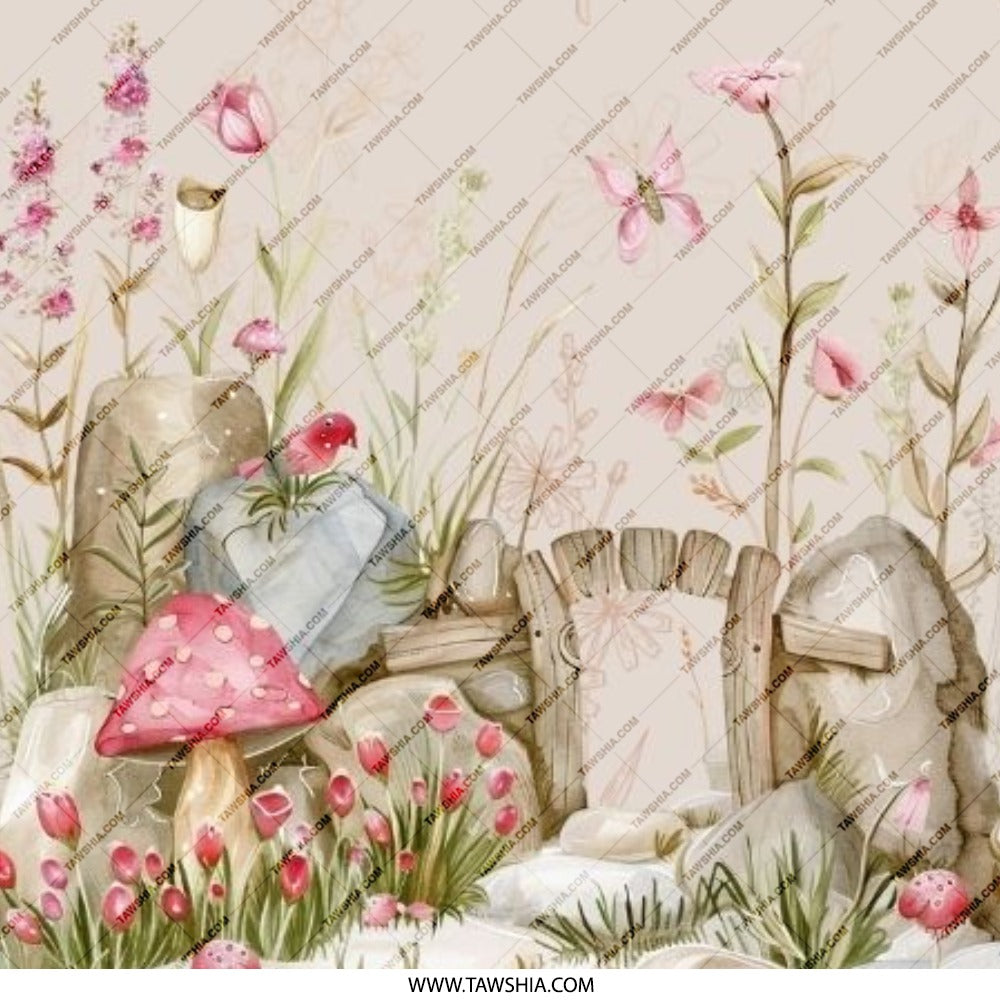Fairy Garden Pinback Button, Pink Flowers, Mushroom, Whimsical Scene, Cute Button, Nature Inspired, Backpack Accessories, Gift Idea - Tawshia