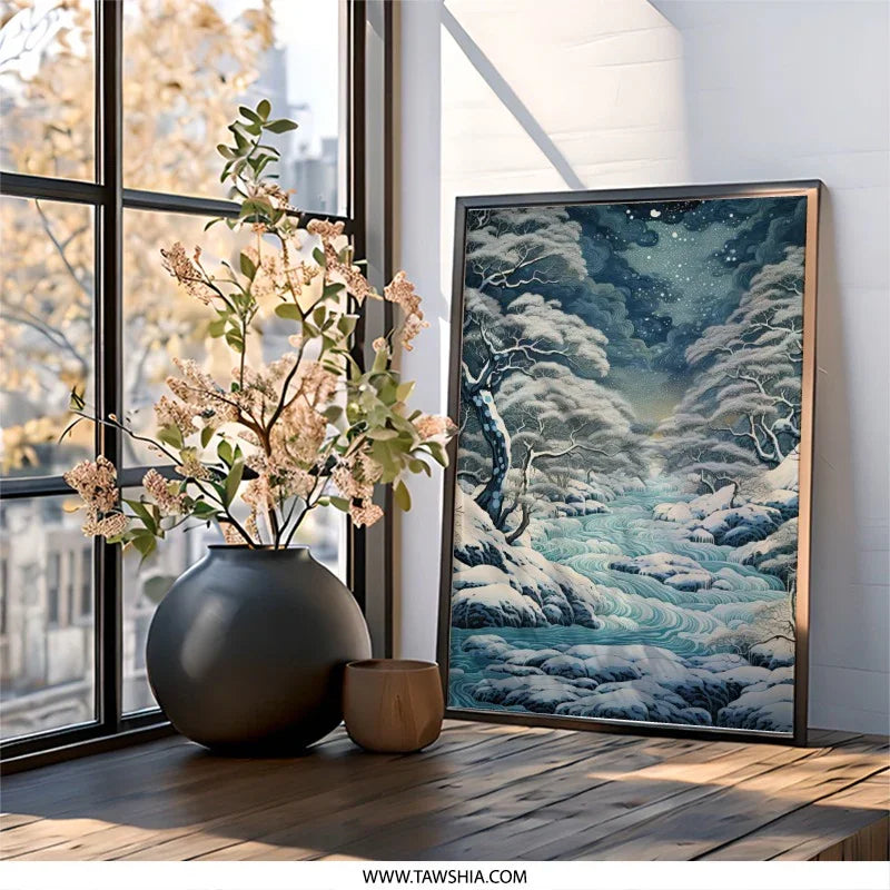 Winter Wonderland Wall Art, Snowy Landscape Print, Tranquil River Scene, Cold Season Decor, Serene Nature Art - Tawshia