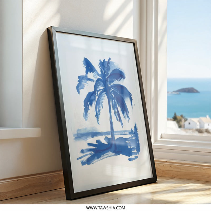 Blue Palm Tree Wall Art, Coastal Decor, Beach House Print, Indigo Painting, Tropical Art Print, Summer Vibes Wall Decor - Tawshia