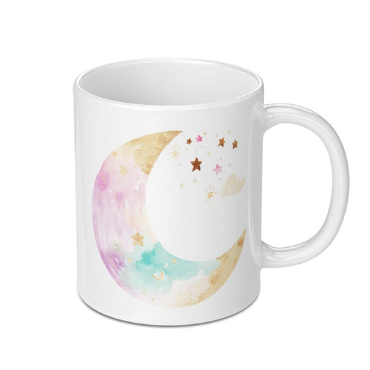 Crescent Moon Mug, Watercolor Stars Mug, Celestial Mug, Dreamy Mug, Unique Coffee Mug, Gift Mug, Hot Chocolate Mug, Cozy Mug, Moon Lover Mug SKU: MG10004208 - Tawshia