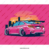 Pink BMW M4 Mouse Pad, JDM Car Art, Automotive Gift, Tuner Culture, Cityscape Sunset, Unique Desk Accessory - Tawshia