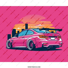 Pink BMW M4 Mouse Pad, JDM Car Art, Automotive Gift, Tuner Culture, Cityscape Sunset, Unique Desk Accessory - Tawshia