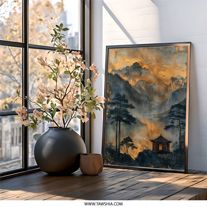 Asian Landscape Wall Art, Mountain Lake Painting, Pagoda Print, Oriental Home Decor, Serene Wall Hanging, Peaceful Art Print - Tawshia