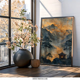 Asian Landscape Wall Art, Mountain Lake Painting, Pagoda Print, Oriental Home Decor, Serene Wall Hanging, Peaceful Art Print - Tawshia