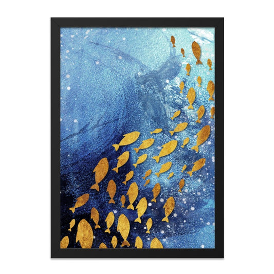 Golden Fish Wall Art, Blue Ocean Print, Modern Art Decor, Coastal Wall Hanging, Fish Illustration, Home Decor, Gold Fish Painting - Tawshia