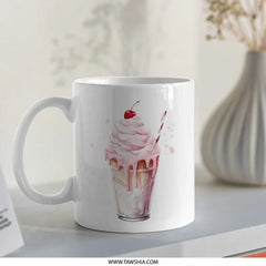 Pink Milkshake Mug, Watercolor Drink Mug, Cherry Topped Mug, Dessert Mug, Gift Idea, Sweet Treat Mug, Novelty Mug - Tawshia