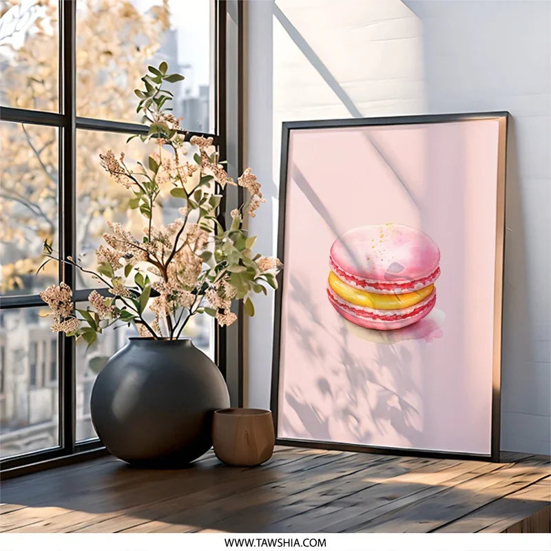 Macaron Wall Art, Pink Macaron Print, Watercolor Macaron, Cute Food Art, Kitchen Wall Decor, Sweet Treat Art, Dessert Wall Art - Tawshia