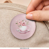 Pink Roses Teacup Pinback Button, Floral Button, Tea Party Favor, Flower Badge, Cute Accessory, Botanical Pin, Romantic Gift, Party Pin - Tawshia