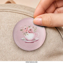 Pink Roses Teacup Pinback Button, Floral Button, Tea Party Favor, Flower Badge, Cute Accessory, Botanical Pin, Romantic Gift, Party Pin - Tawshia