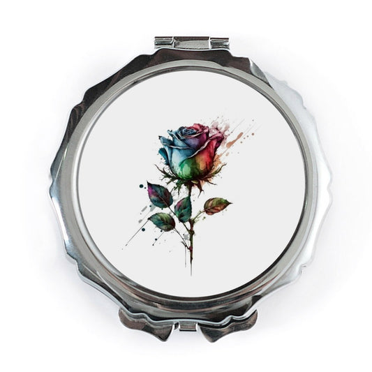Rainbow Rose Pocket Mirror, Watercolor Floral Design, Unique Compact Mirror, Gift for Her, Colorful Rose Art, Cosmetic Mirror - Tawshia