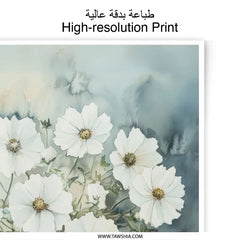 White Cosmos Flowers Photographic Print, Blue Vase Art, Botanical Wall Decor, Floral Home Decor, Still Life Art Print, Cosmos Flower Print - Tawshia