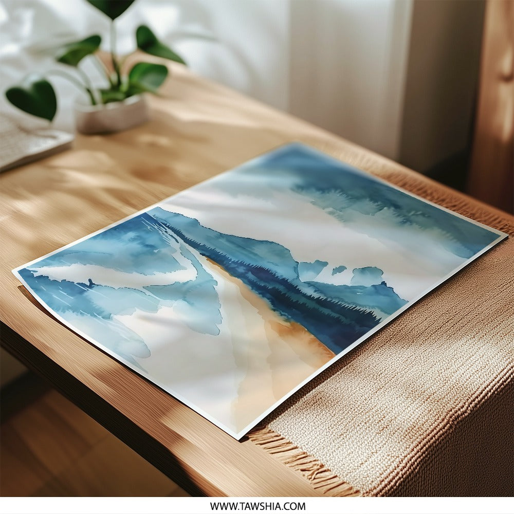 Watercolor Seascape Photographic Print, Coastal Mountain Range Art, Beach Scene Painting, Blue Ocean Waves, Nature Wall Decor - Tawshia