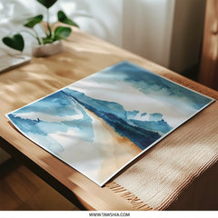 Watercolor Seascape Photographic Print, Coastal Mountain Range Art, Beach Scene Painting, Blue Ocean Waves, Nature Wall Decor - Tawshia