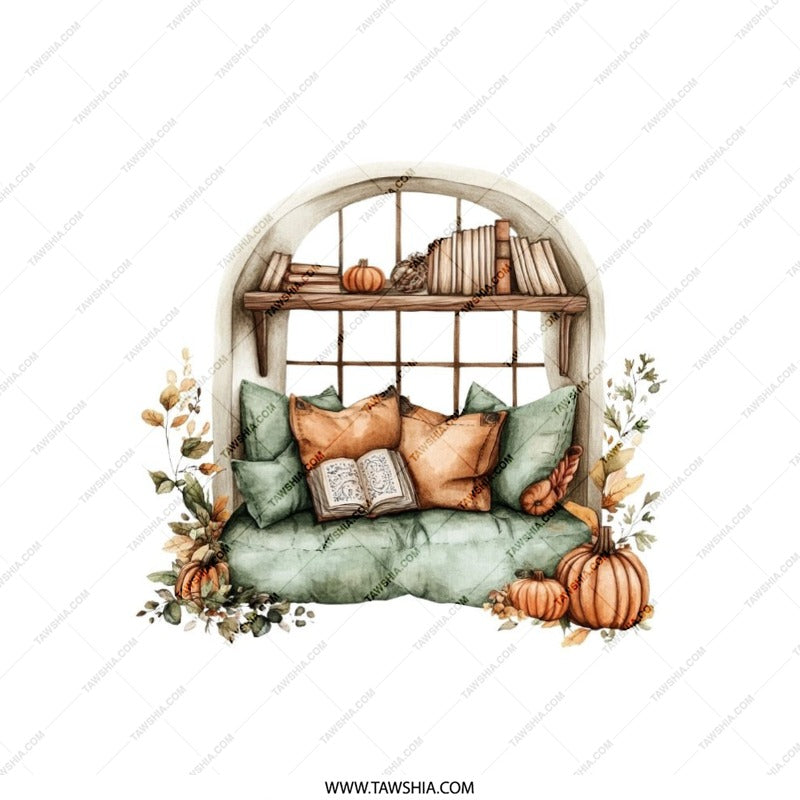 Fall Window Seat Pillow, Autumn Pumpkin Reading Nook Cushion, Cozy Season Home Decor, Thanksgiving Throw Pillow, Book Lover Gift Idea - Tawshia