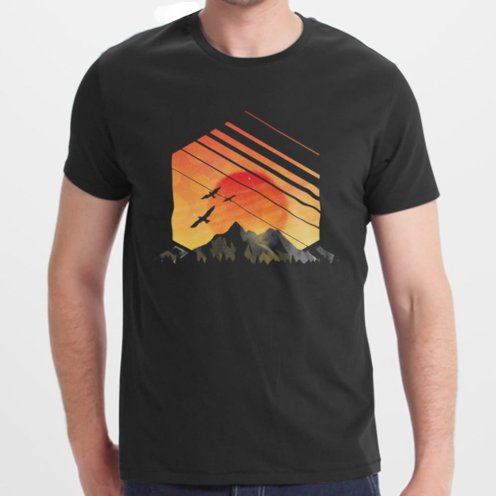 Sunset Mountain Birds Graphic Black T-shirt product type