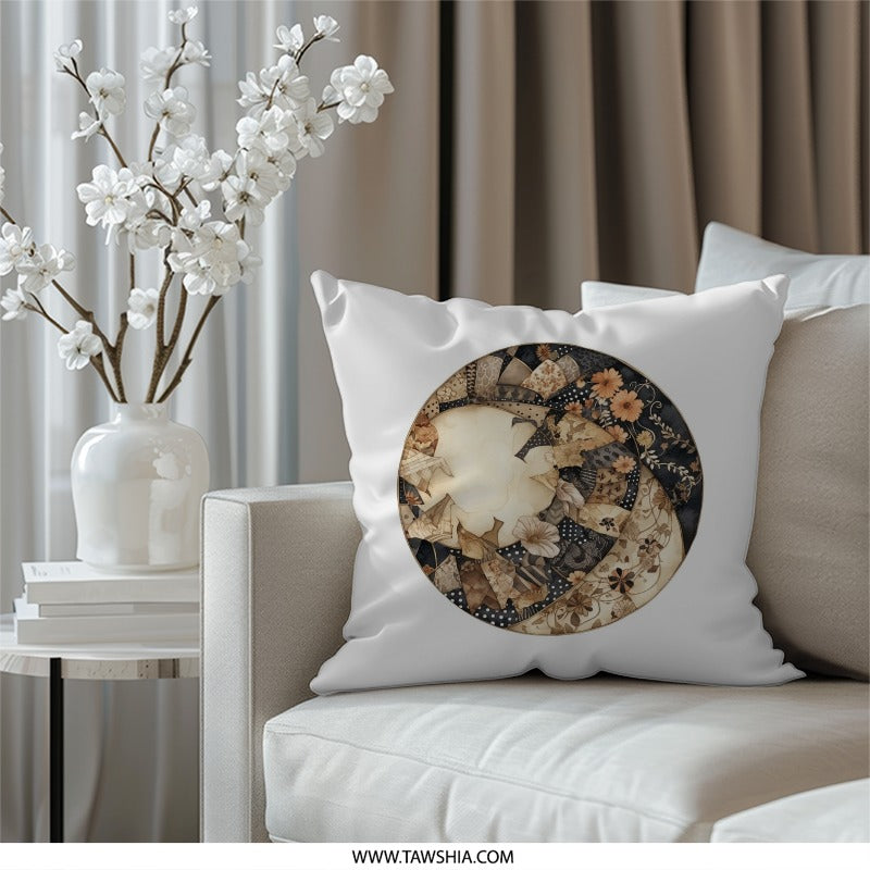 Floral Patchwork Pillow, Circle Quilt Design, Unique Home Decor, Decorative Accent Throw Pillow, Living Room Pillow, Couch Pillow - Tawshia